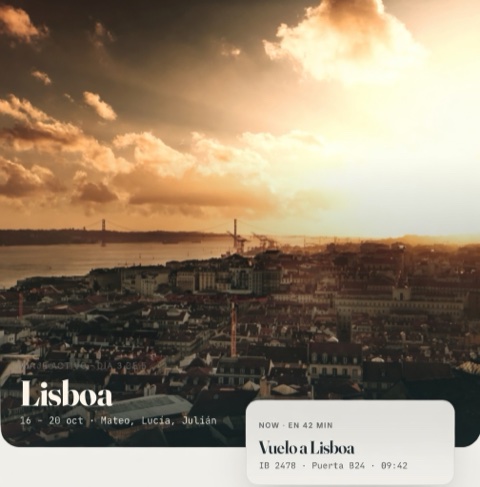 Junto app preview: active trip to Lisboa with upcoming flight IB 2478 to gate B24